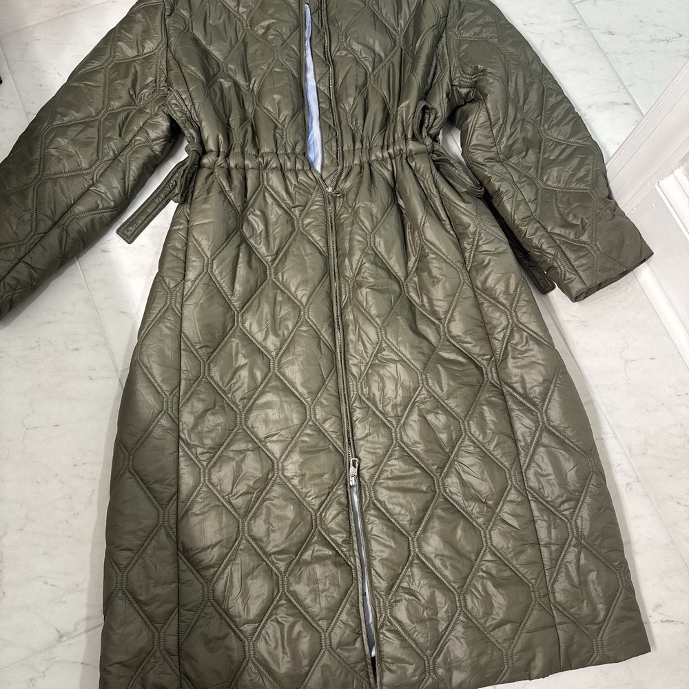 Ganni Shiny Quilt Long Coat Women's Long Lightweight Jacket Kalamata Size L/XL